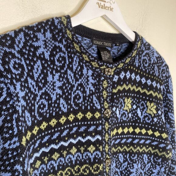 Nomadic Traders Blue & Green Cotton Knit Sweater Cardigan Size Medium - Picture 3 of 11